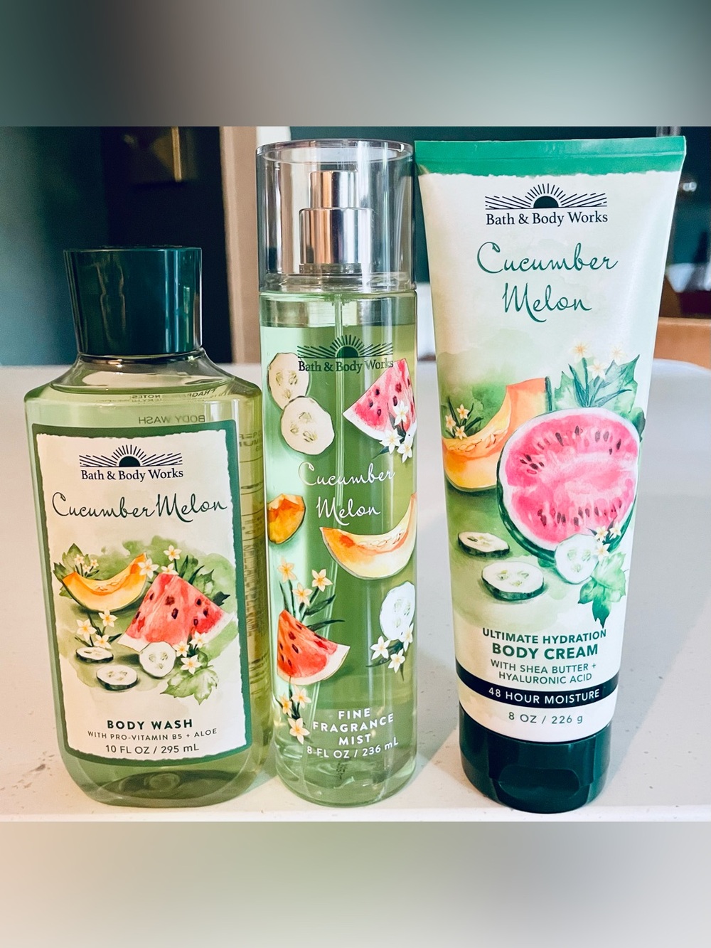 New 8 oz 3 piece Bath and Body Works Cucumber Melon mist spray cream wash